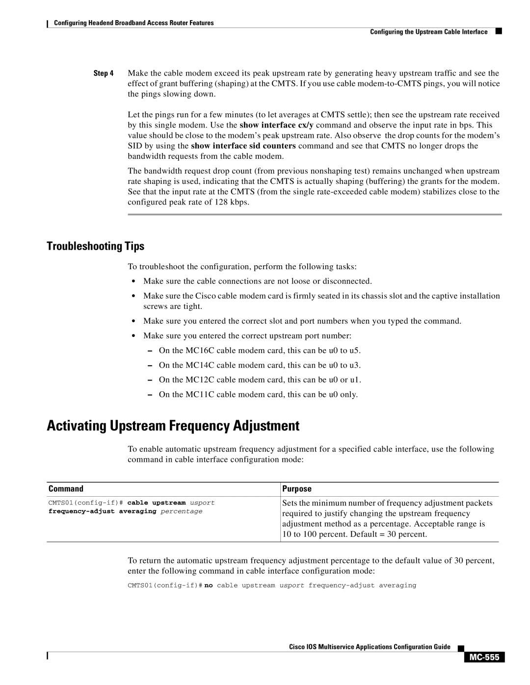 Cisco Systems uBR7200 manual Activating Upstream Frequency Adjustment, MC-555, Frequency-adjust averaging percentage 