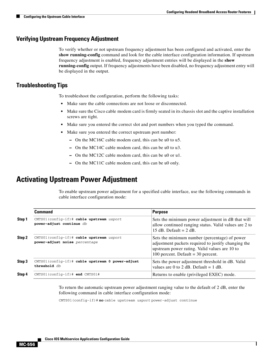 Cisco Systems uBR7200 manual Activating Upstream Power Adjustment, Verifying Upstream Frequency Adjustment, MC-556 