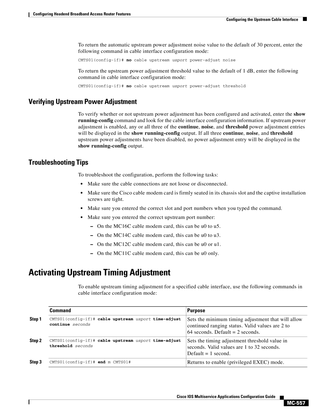 Cisco Systems uBR7200 Activating Upstream Timing Adjustment, Verifying Upstream Power Adjustment, MC-557, Continue seconds 