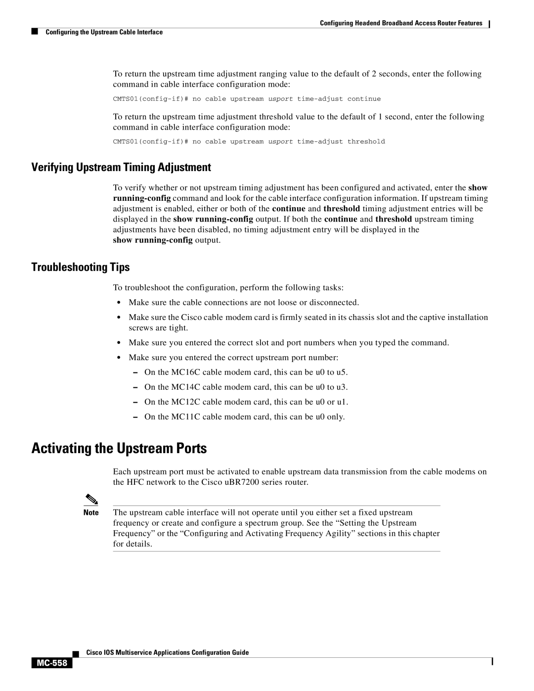 Cisco Systems uBR7200 manual Activating the Upstream Ports, Verifying Upstream Timing Adjustment, MC-558 