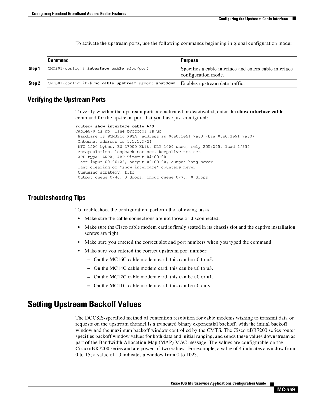 Cisco Systems uBR7200 manual Setting Upstream Backoff Values, Verifying the Upstream Ports, MC-559 