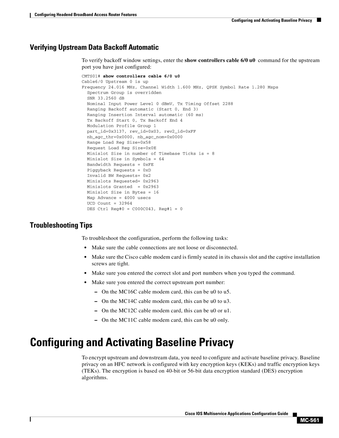 Cisco Systems uBR7200 manual Configuring and Activating Baseline Privacy, Verifying Upstream Data Backoff Automatic, MC-561 