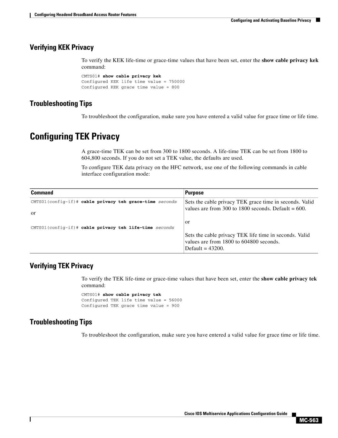 Cisco Systems uBR7200 manual Configuring TEK Privacy, Verifying KEK Privacy, Verifying TEK Privacy, MC-563 