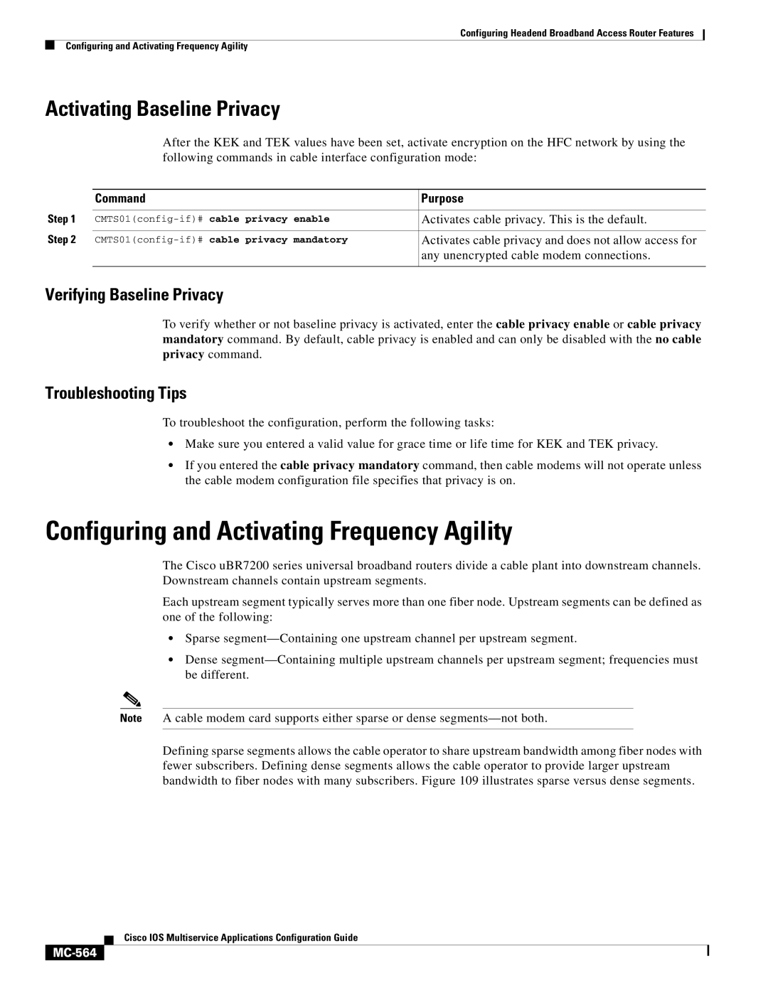 Cisco Systems uBR7200 manual Configuring and Activating Frequency Agility, Activating Baseline Privacy, MC-564 