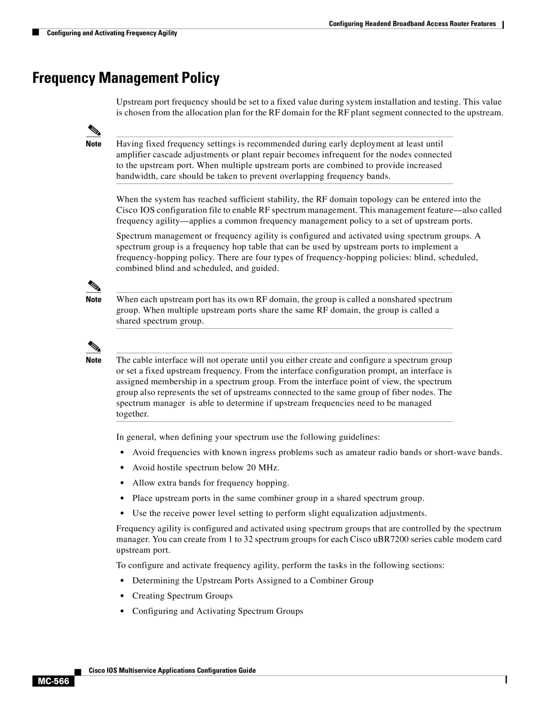 Cisco Systems uBR7200 manual Frequency Management Policy, MC-566 