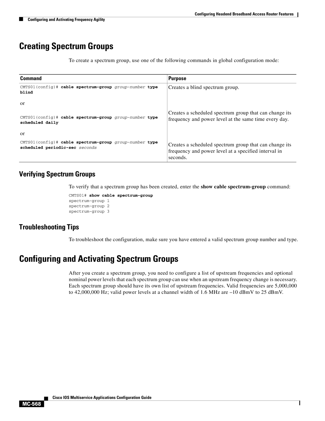 Cisco Systems uBR7200 Creating Spectrum Groups, Configuring and Activating Spectrum Groups, Verifying Spectrum Groups 