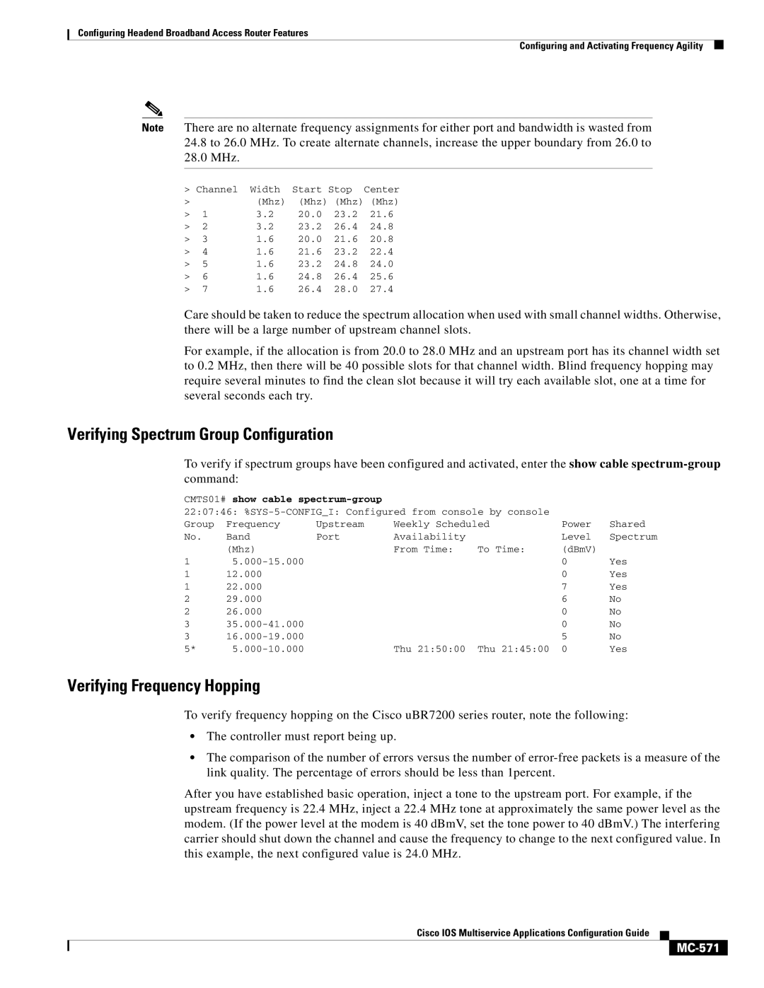 Cisco Systems uBR7200 manual Verifying Spectrum Group Configuration, Verifying Frequency Hopping, MC-571 