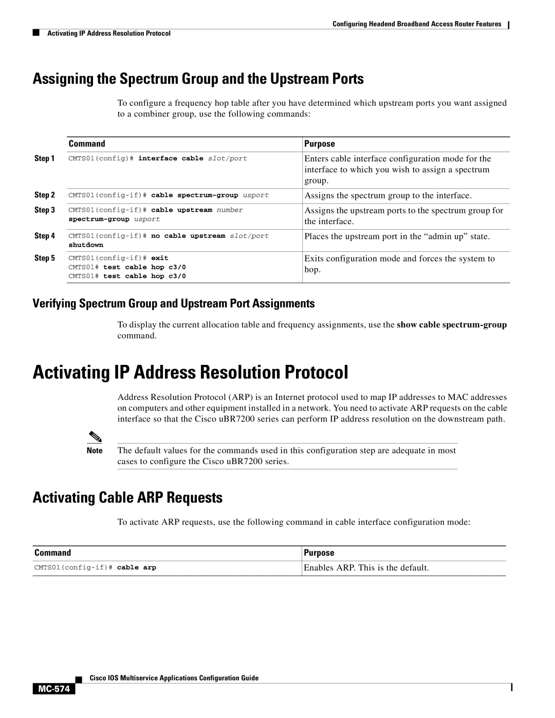 Cisco Systems uBR7200 manual Activating IP Address Resolution Protocol, Assigning the Spectrum Group and the Upstream Ports 