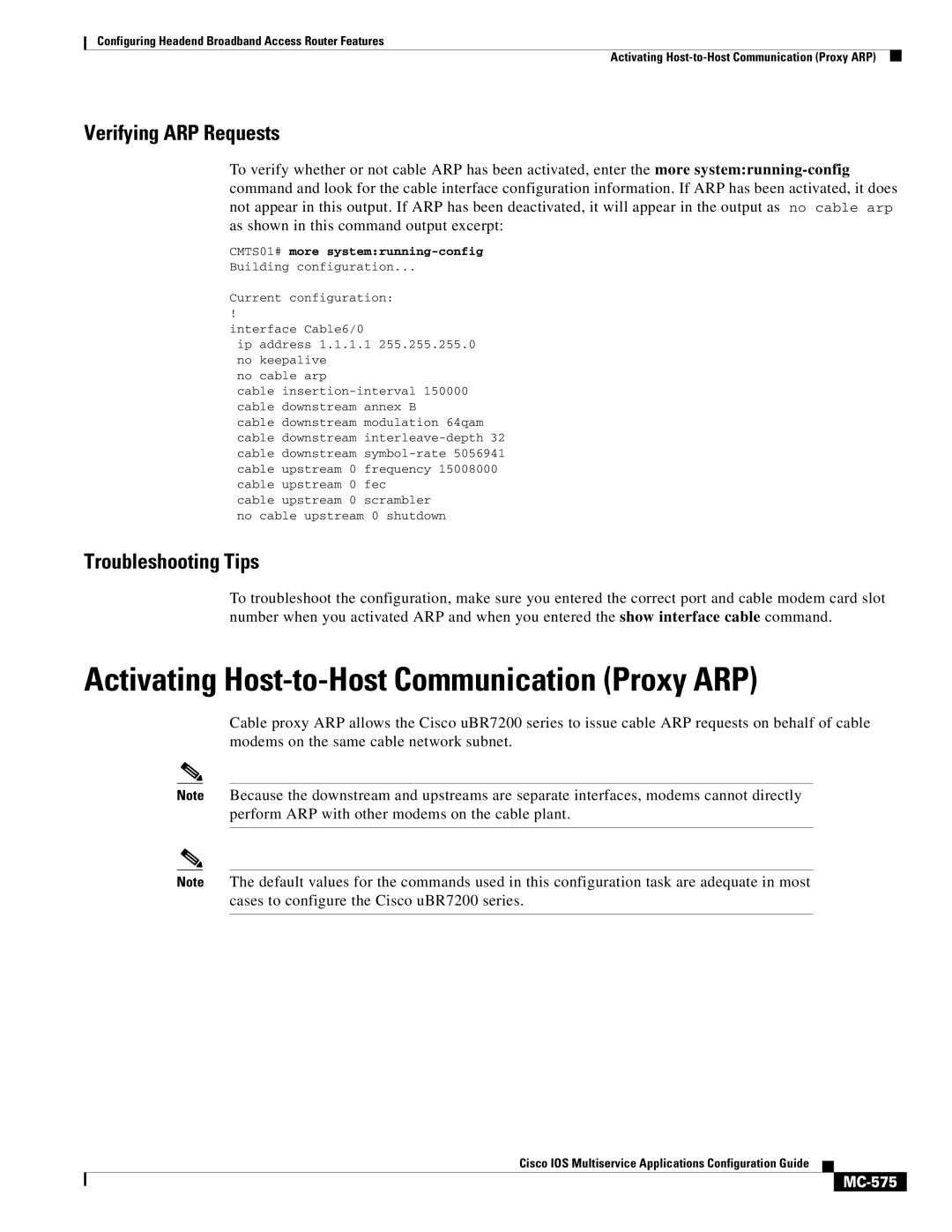 Cisco Systems uBR7200 manual Activating Host-to-Host Communication Proxy ARP, Verifying ARP Requests, MC-575 