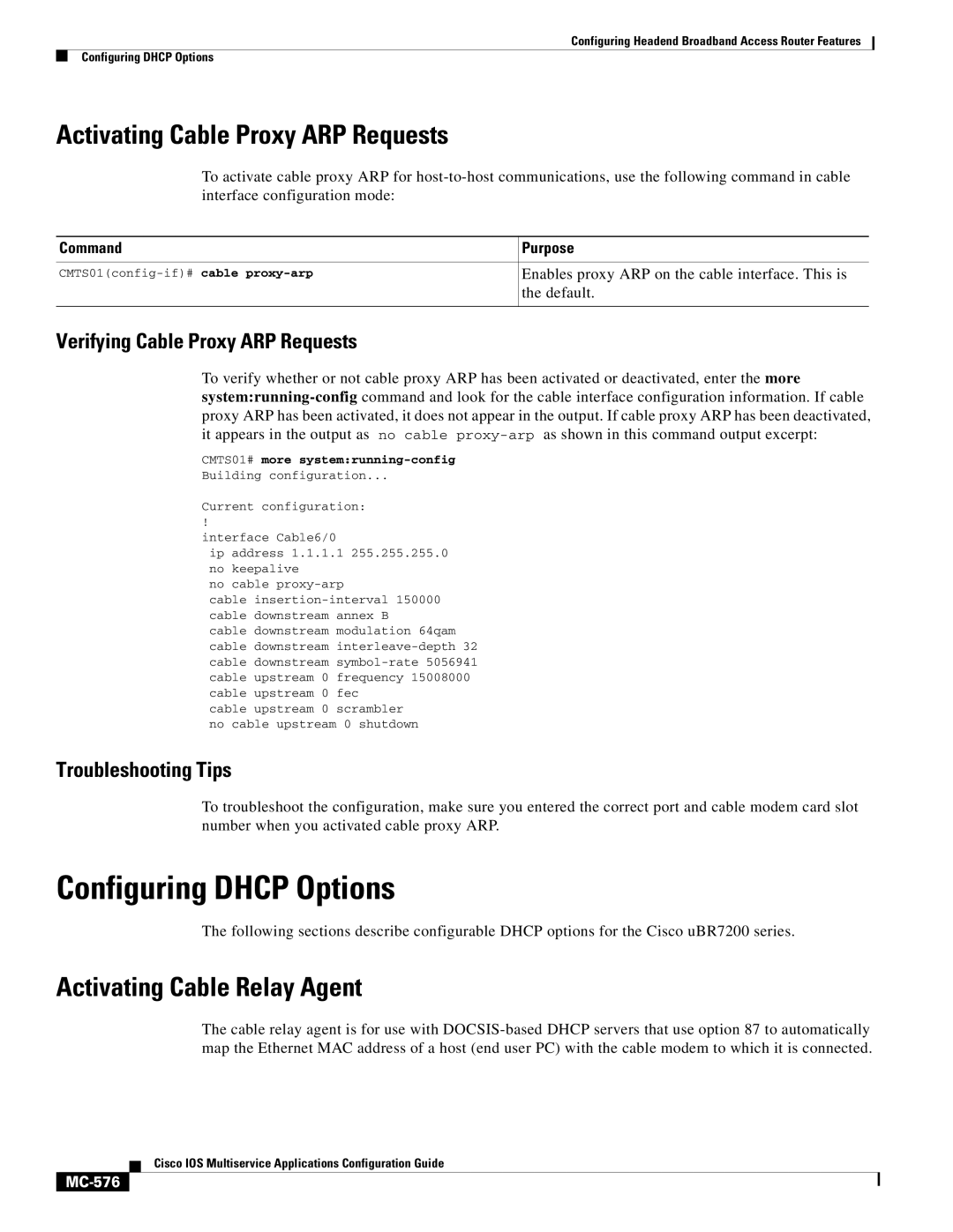 Cisco Systems uBR7200 Configuring Dhcp Options, Activating Cable Proxy ARP Requests, Activating Cable Relay Agent, MC-576 