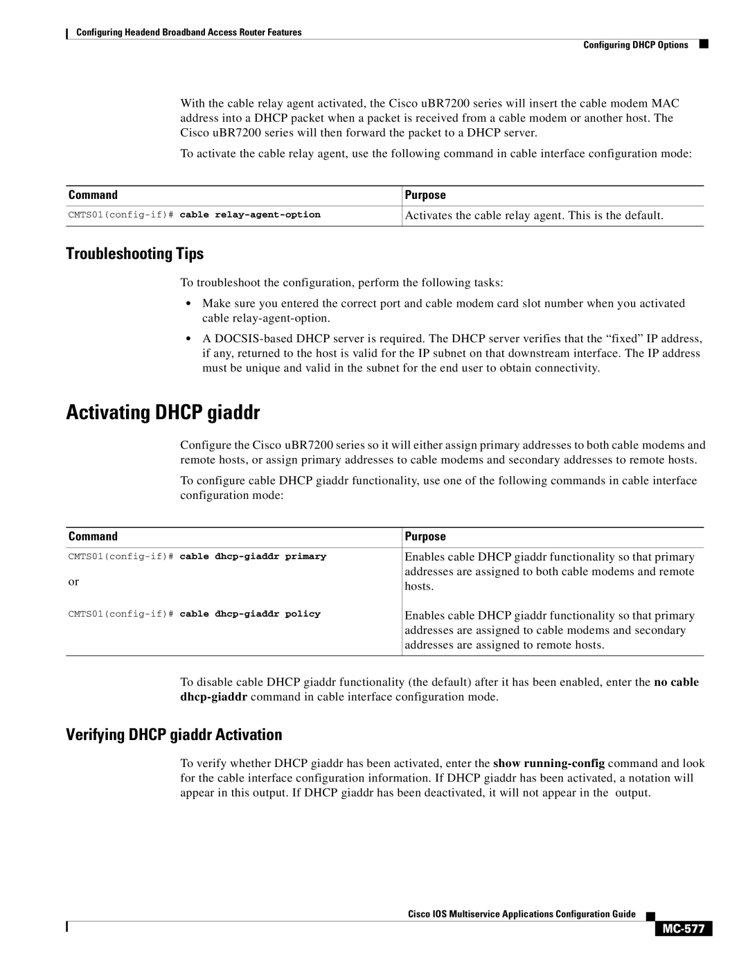 Cisco Systems uBR7200 manual Activating Dhcp giaddr, Verifying Dhcp giaddr Activation, MC-577 