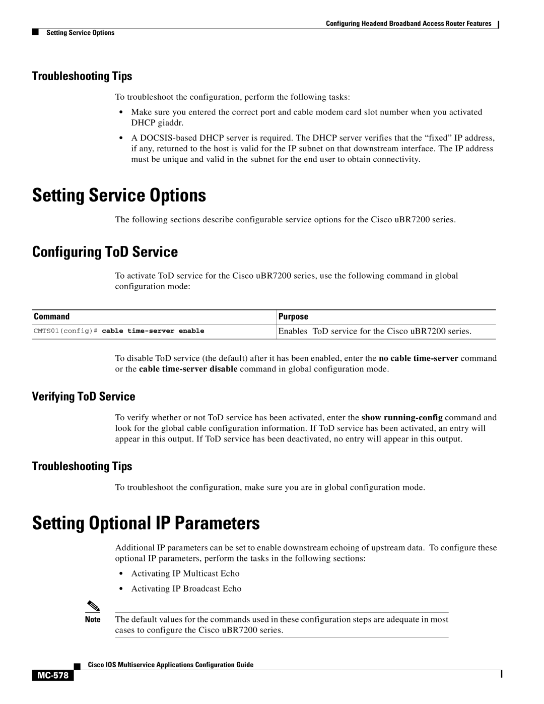 Cisco Systems uBR7200 manual Setting Service Options, Setting Optional IP Parameters, Configuring ToD Service, MC-578 