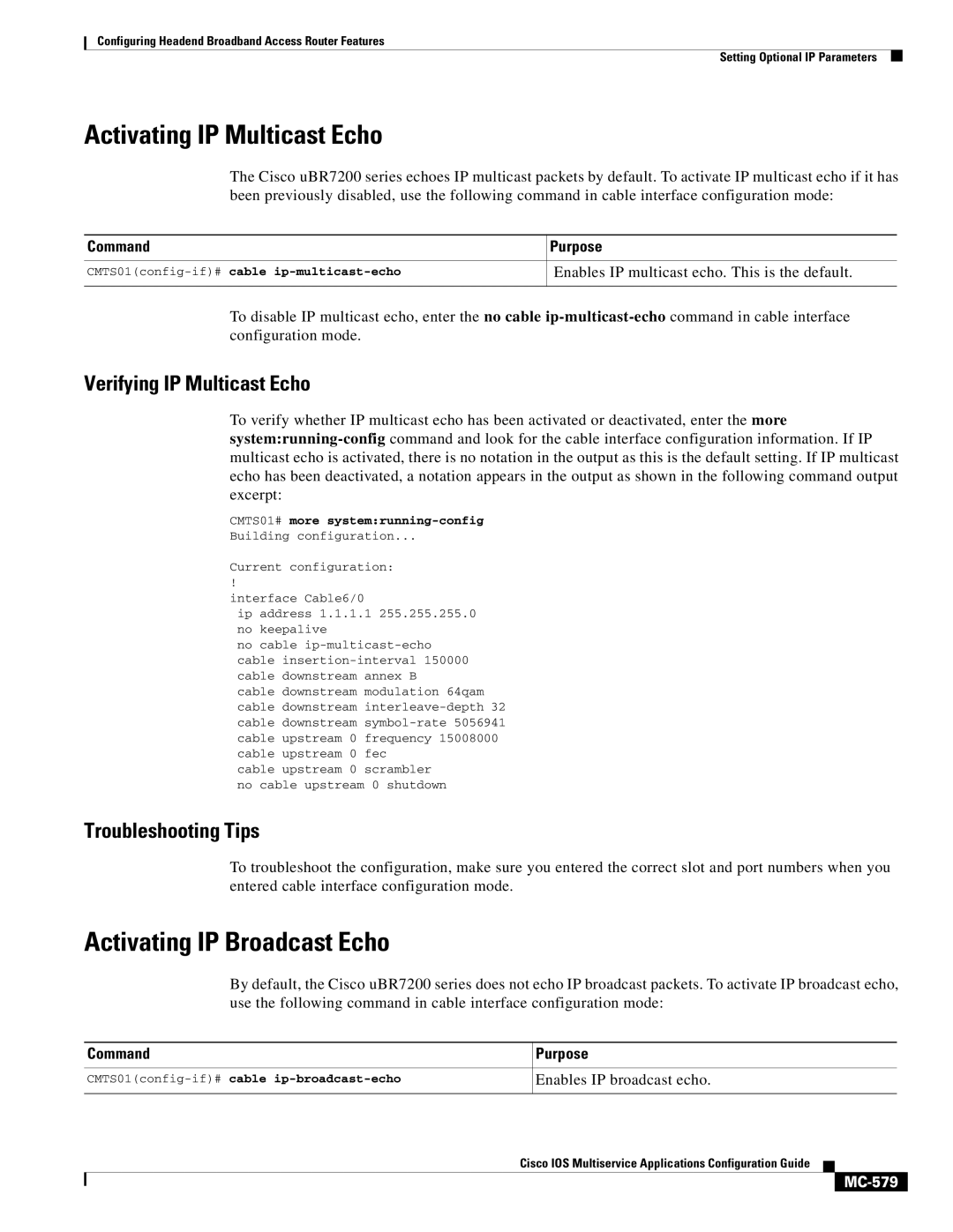 Cisco Systems uBR7200 Activating IP Multicast Echo, Activating IP Broadcast Echo, Verifying IP Multicast Echo, MC-579 