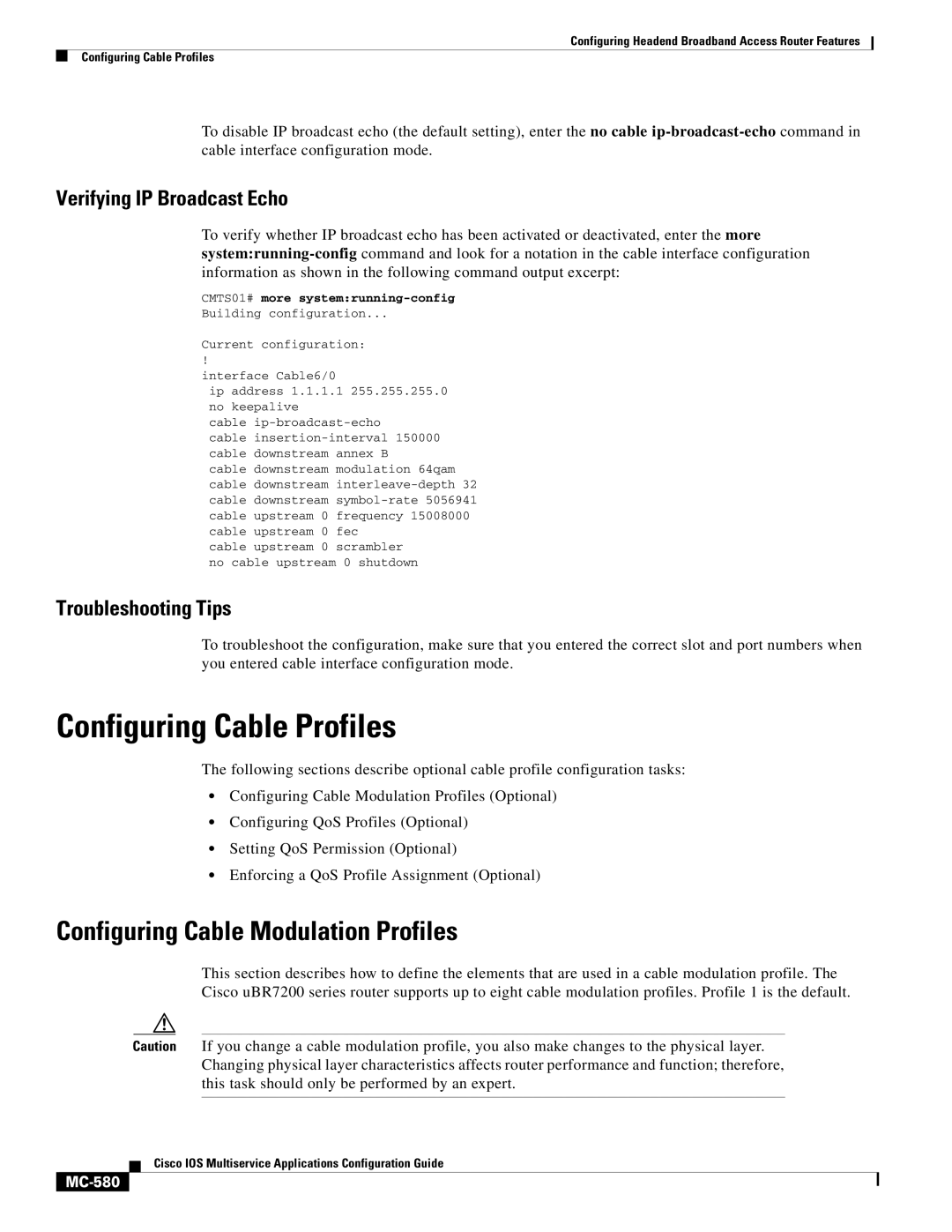 Cisco Systems uBR7200 manual Configuring Cable Profiles, Configuring Cable Modulation Profiles, Verifying IP Broadcast Echo 