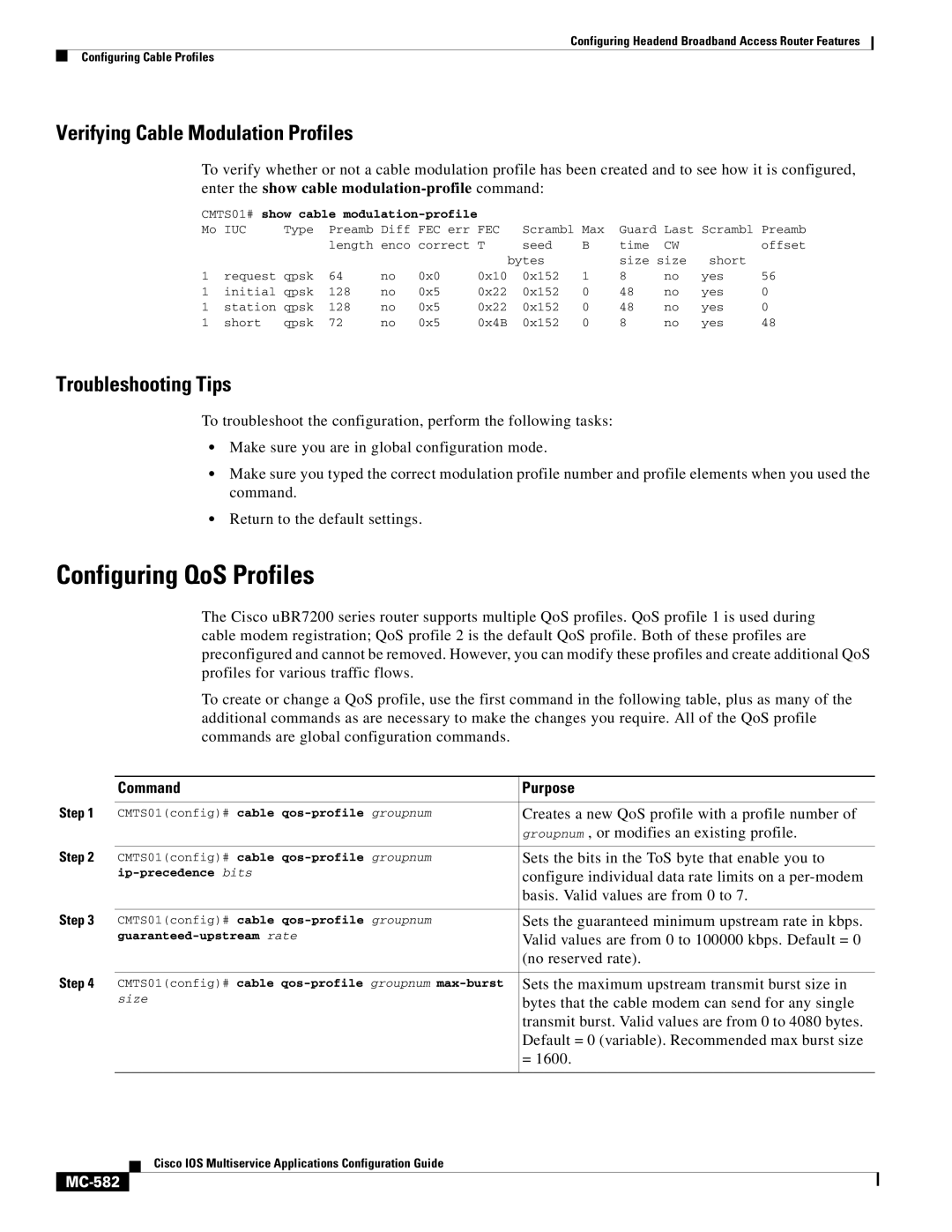 Cisco Systems uBR7200 manual Configuring QoS Profiles, Verifying Cable Modulation Profiles, MC-582 