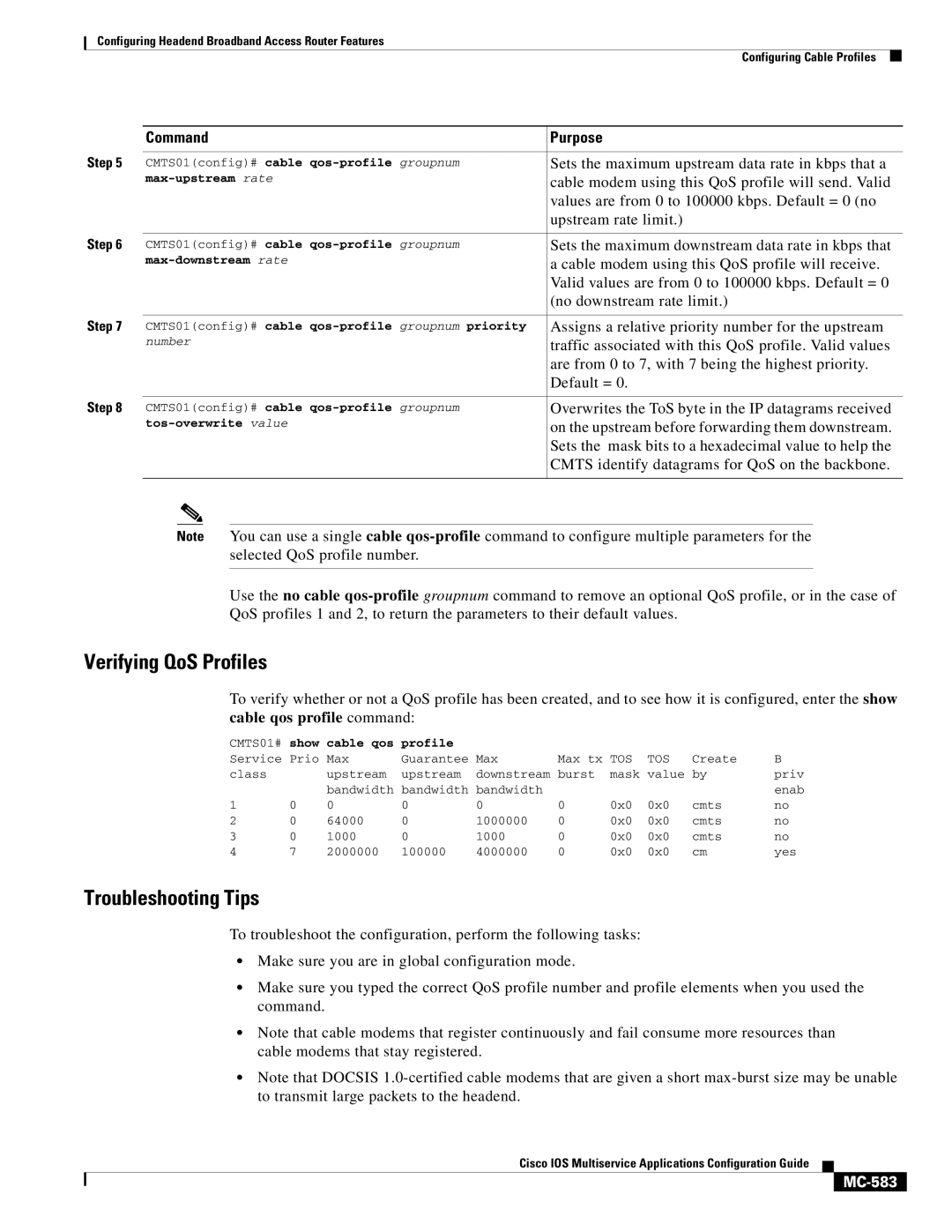 Cisco Systems uBR7200 manual Verifying QoS Profiles, MC-583 