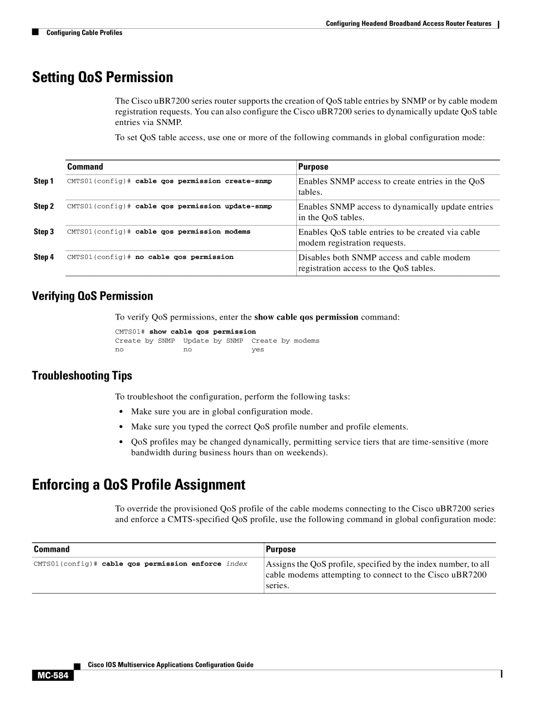 Cisco Systems uBR7200 manual Setting QoS Permission, Enforcing a QoS Profile Assignment, Verifying QoS Permission, MC-584 