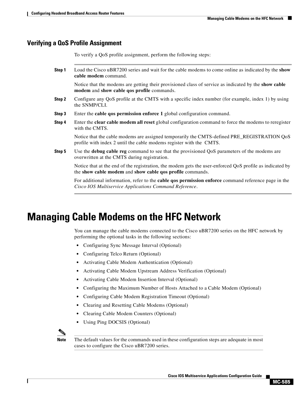 Cisco Systems uBR7200 manual Managing Cable Modems on the HFC Network, Verifying a QoS Profile Assignment, MC-585 