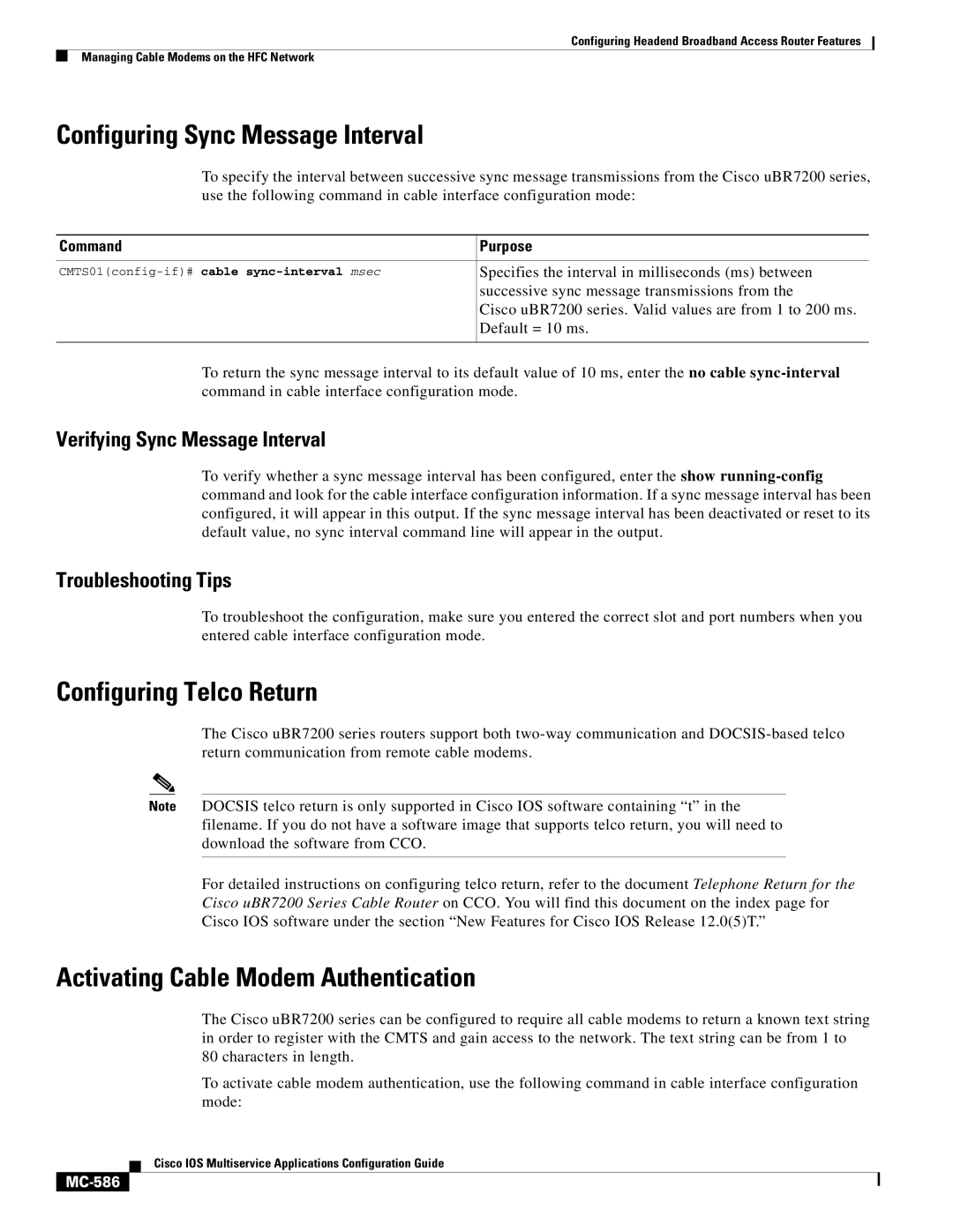 Cisco Systems uBR7200 Configuring Sync Message Interval, Configuring Telco Return, Activating Cable Modem Authentication 