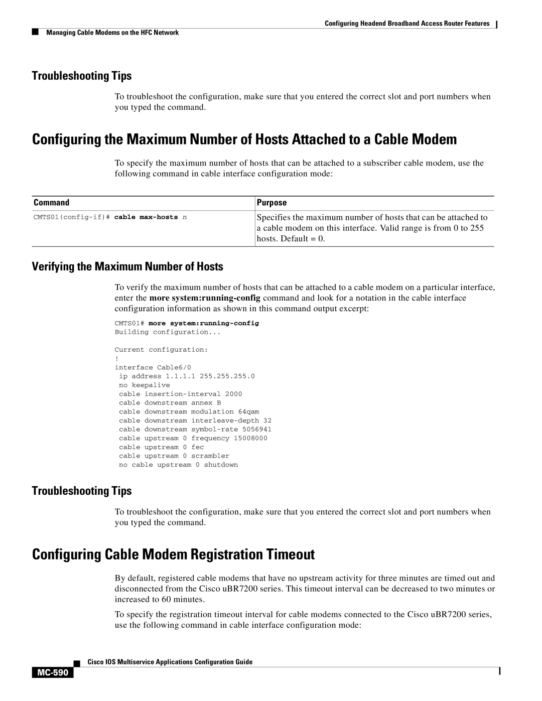 Cisco Systems uBR7200 manual Configuring Cable Modem Registration Timeout, Verifying the Maximum Number of Hosts, MC-590 