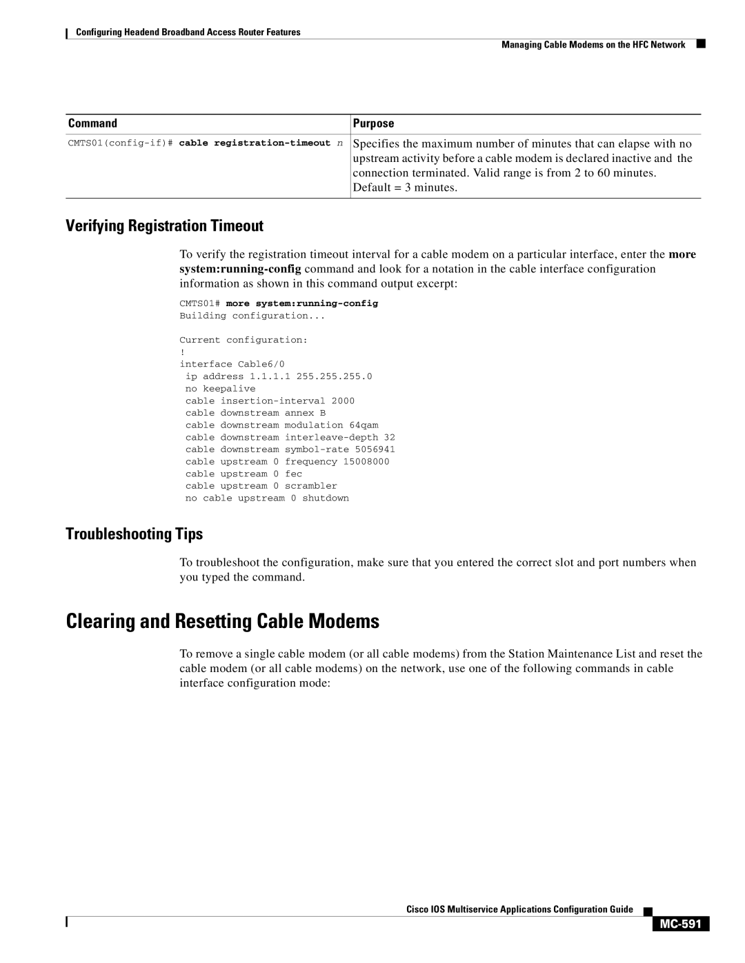 Cisco Systems uBR7200 manual Clearing and Resetting Cable Modems, Verifying Registration Timeout, MC-591 