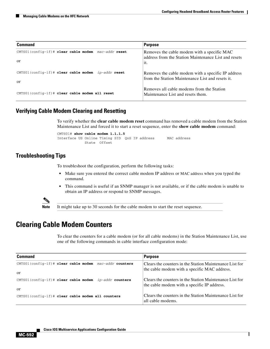 Cisco Systems uBR7200 manual Clearing Cable Modem Counters, Verifying Cable Modem Clearing and Resetting, MC-592 