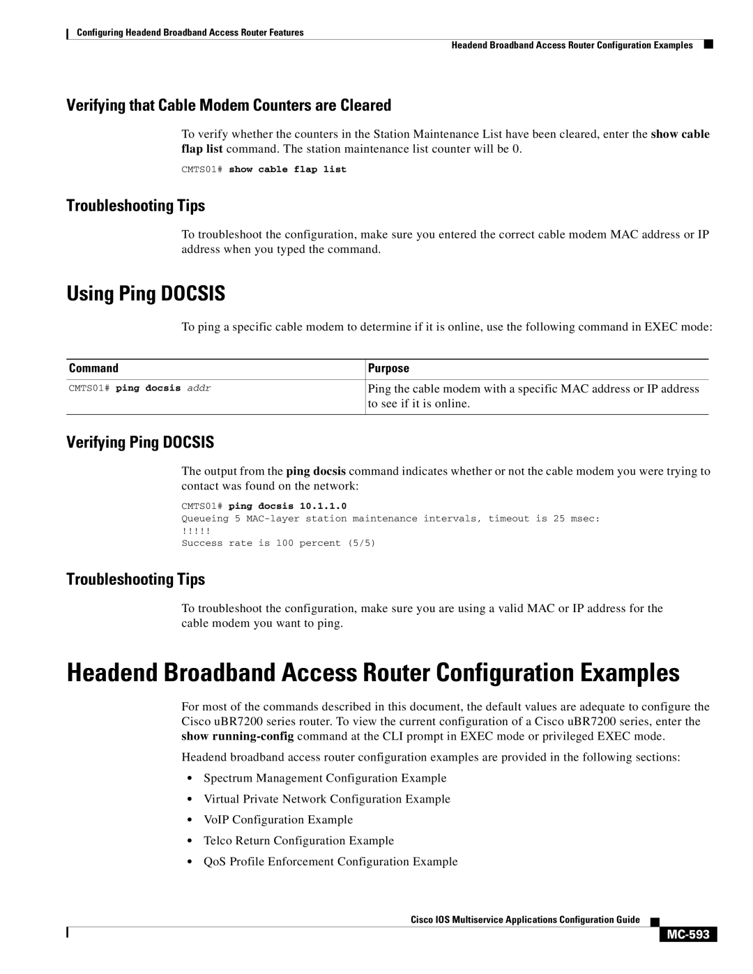 Cisco Systems uBR7200 Using Ping Docsis, Verifying that Cable Modem Counters are Cleared, Verifying Ping Docsis, MC-593 