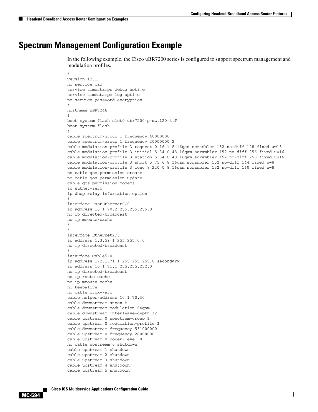 Cisco Systems uBR7200 manual Spectrum Management Configuration Example, MC-594 