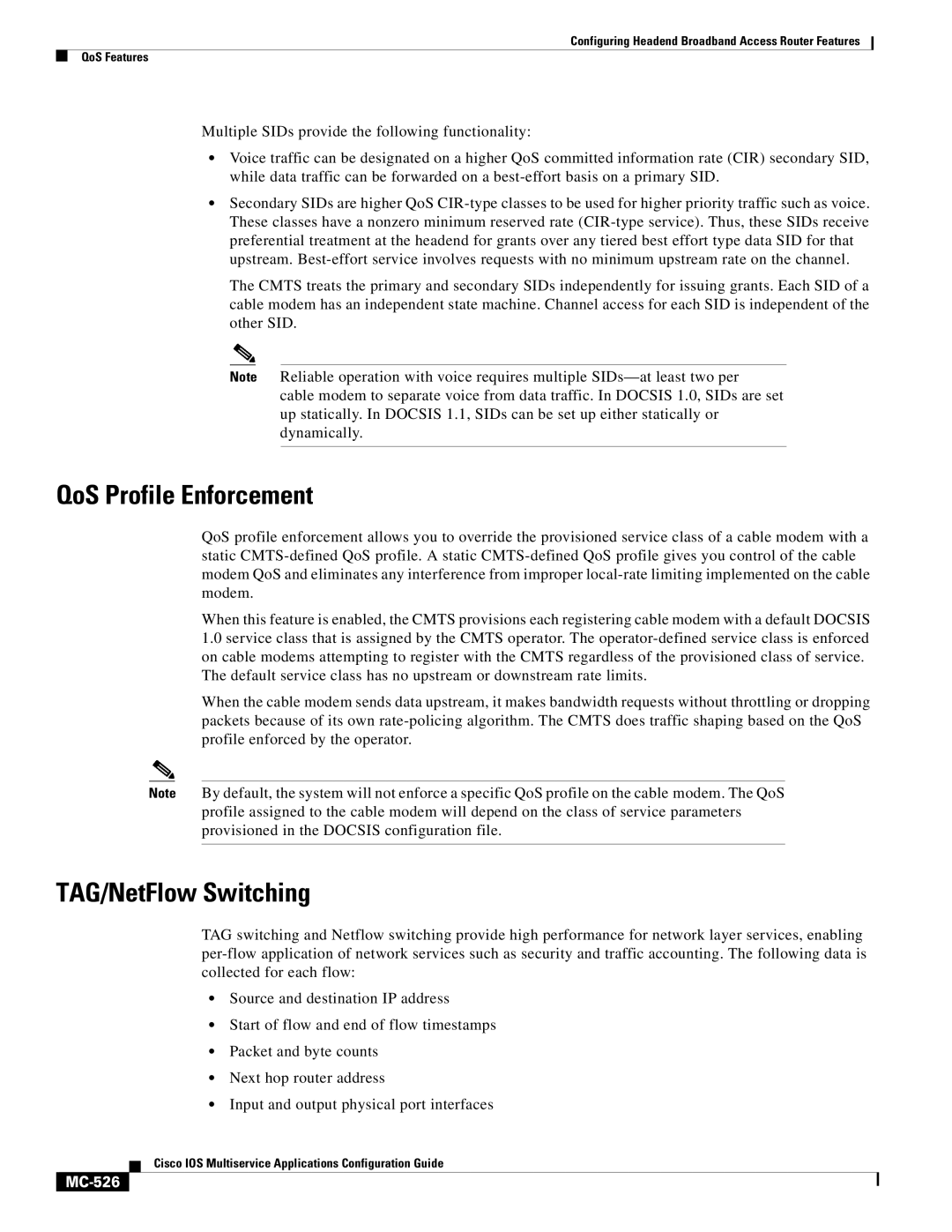 Cisco Systems uBR7200 manual QoS Profile Enforcement, TAG/NetFlow Switching, MC-526 