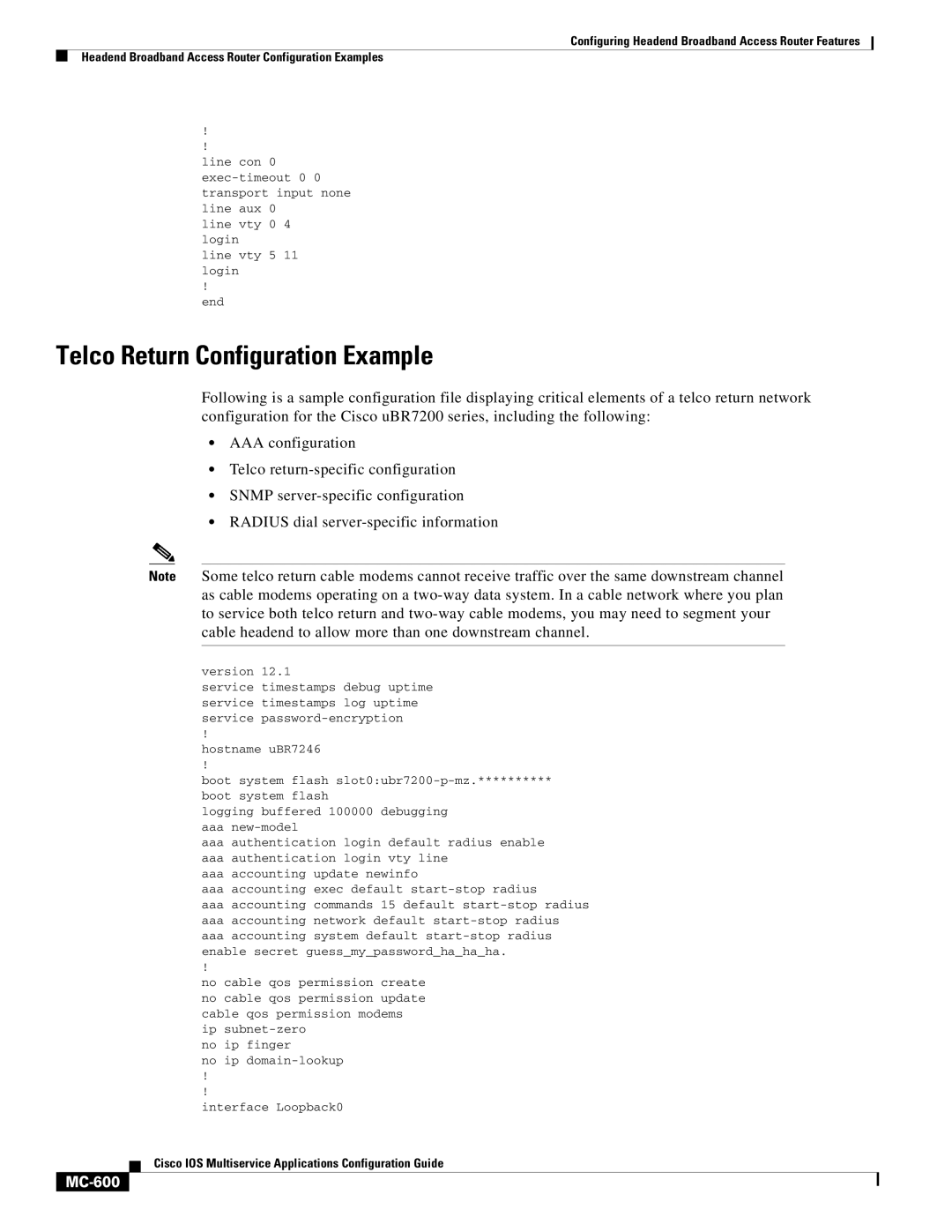 Cisco Systems uBR7200 manual Telco Return Configuration Example, MC-600 