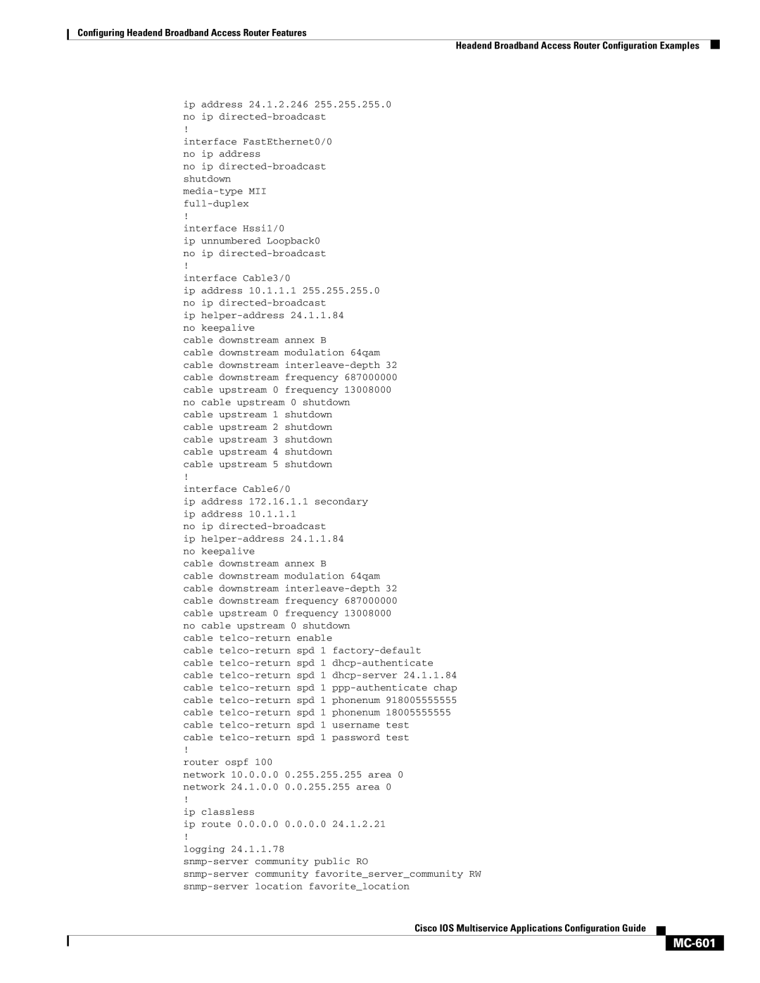 Cisco Systems uBR7200 manual MC-601, Cable telco-return enable 