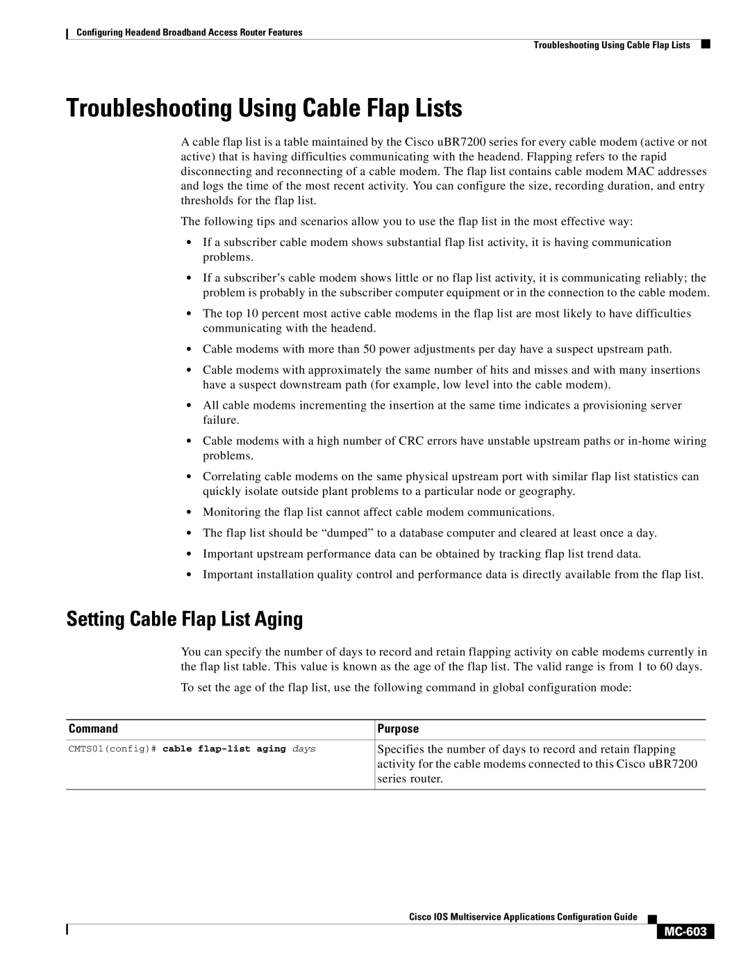 Cisco Systems uBR7200 manual Troubleshooting Using Cable Flap Lists, Setting Cable Flap List Aging, MC-603 