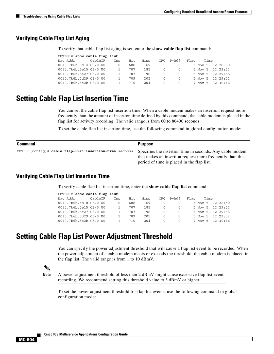 Cisco Systems uBR7200 Setting Cable Flap List Insertion Time, Setting Cable Flap List Power Adjustment Threshold, MC-604 