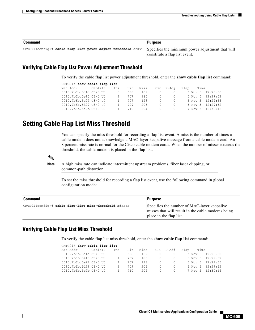 Cisco Systems uBR7200 Setting Cable Flap List Miss Threshold, Verifying Cable Flap List Power Adjustment Threshold, MC-605 