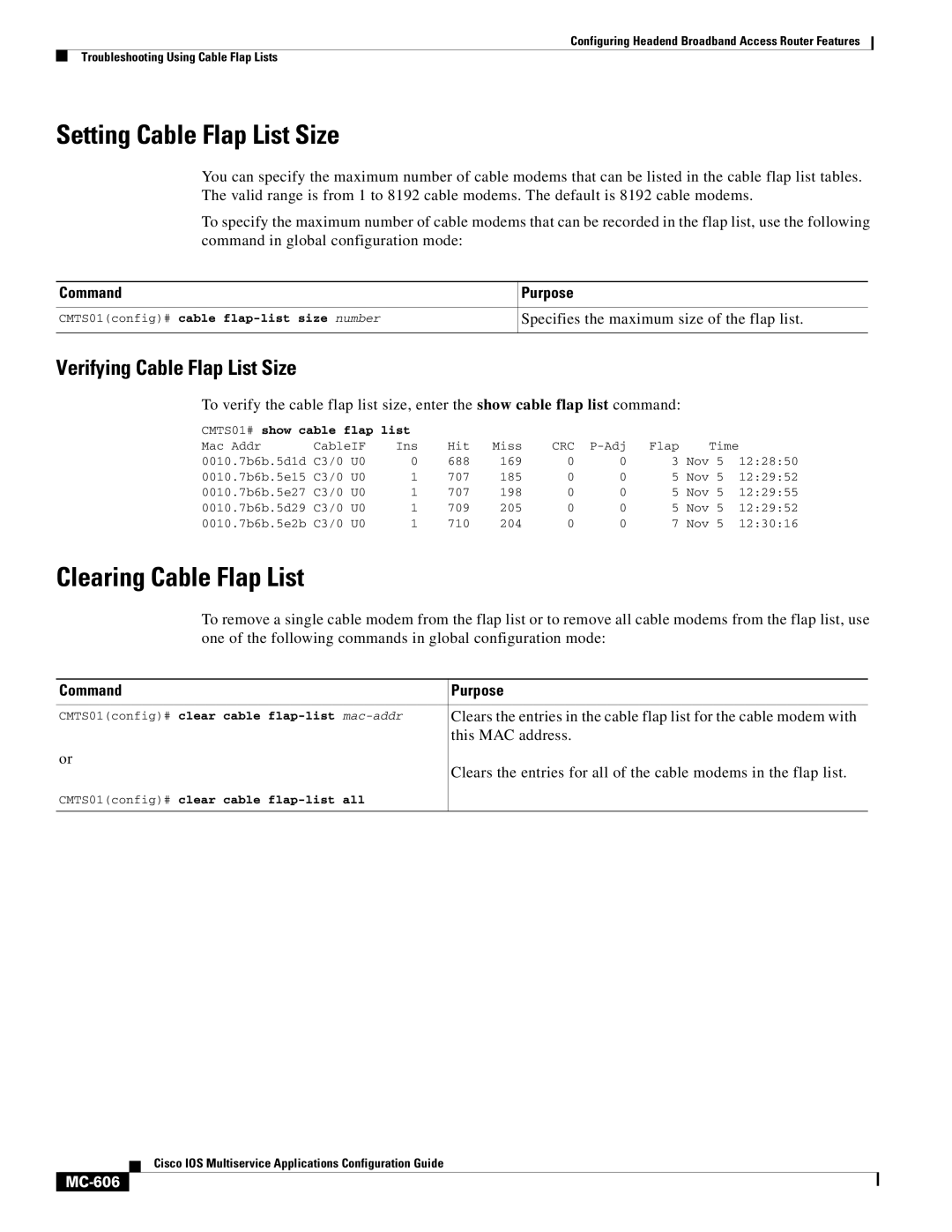 Cisco Systems uBR7200 manual Setting Cable Flap List Size, Clearing Cable Flap List, Verifying Cable Flap List Size, MC-606 