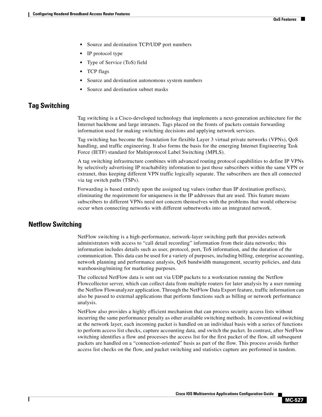 Cisco Systems uBR7200 manual Tag Switching, Netflow Switching, MC-527 