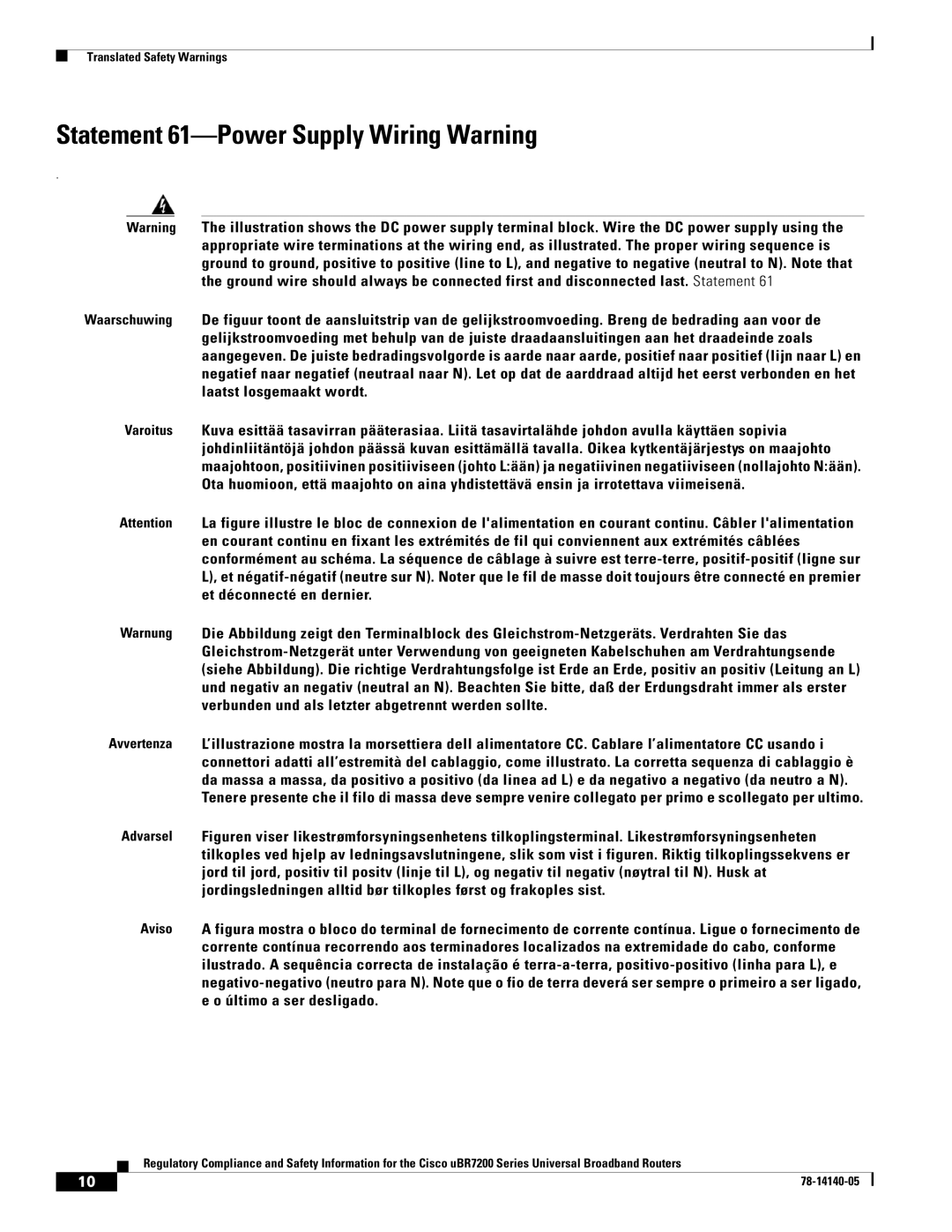 Cisco Systems uBR7200 manual Statement 61-Power Supply Wiring Warning 