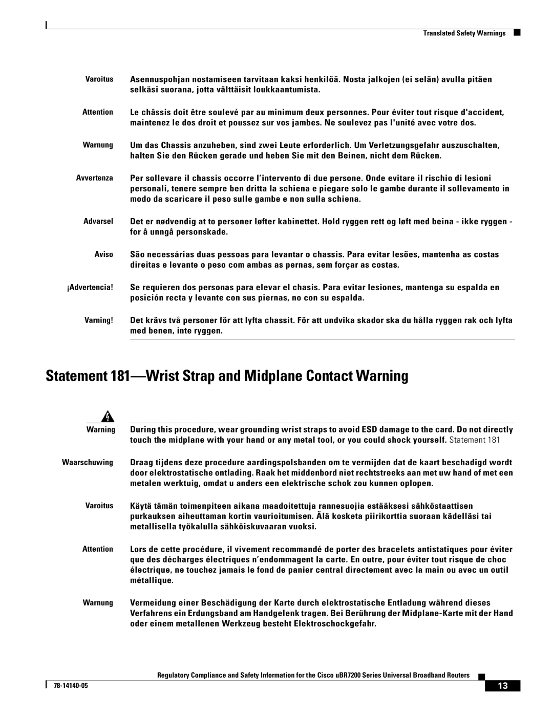 Cisco Systems uBR7200 manual Statement 181-Wrist Strap and Midplane Contact Warning 