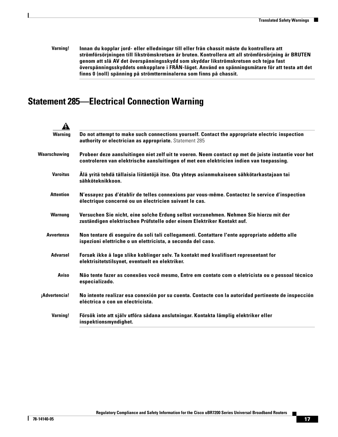 Cisco Systems uBR7200 manual Statement 285-Electrical Connection Warning 