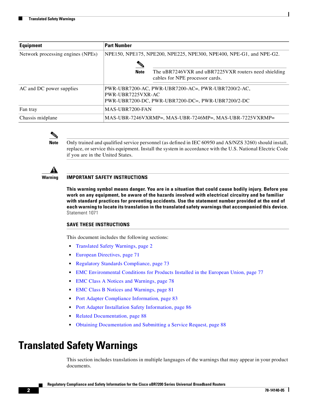 Cisco Systems uBR7200 manual Translated Safety Warnings 