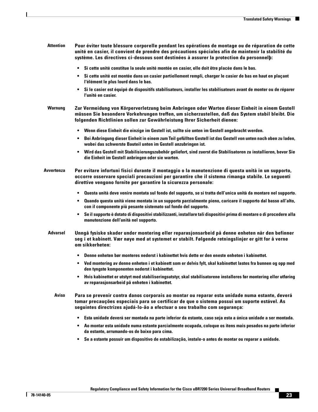 Cisco Systems uBR7200 manual Translated Safety Warnings 