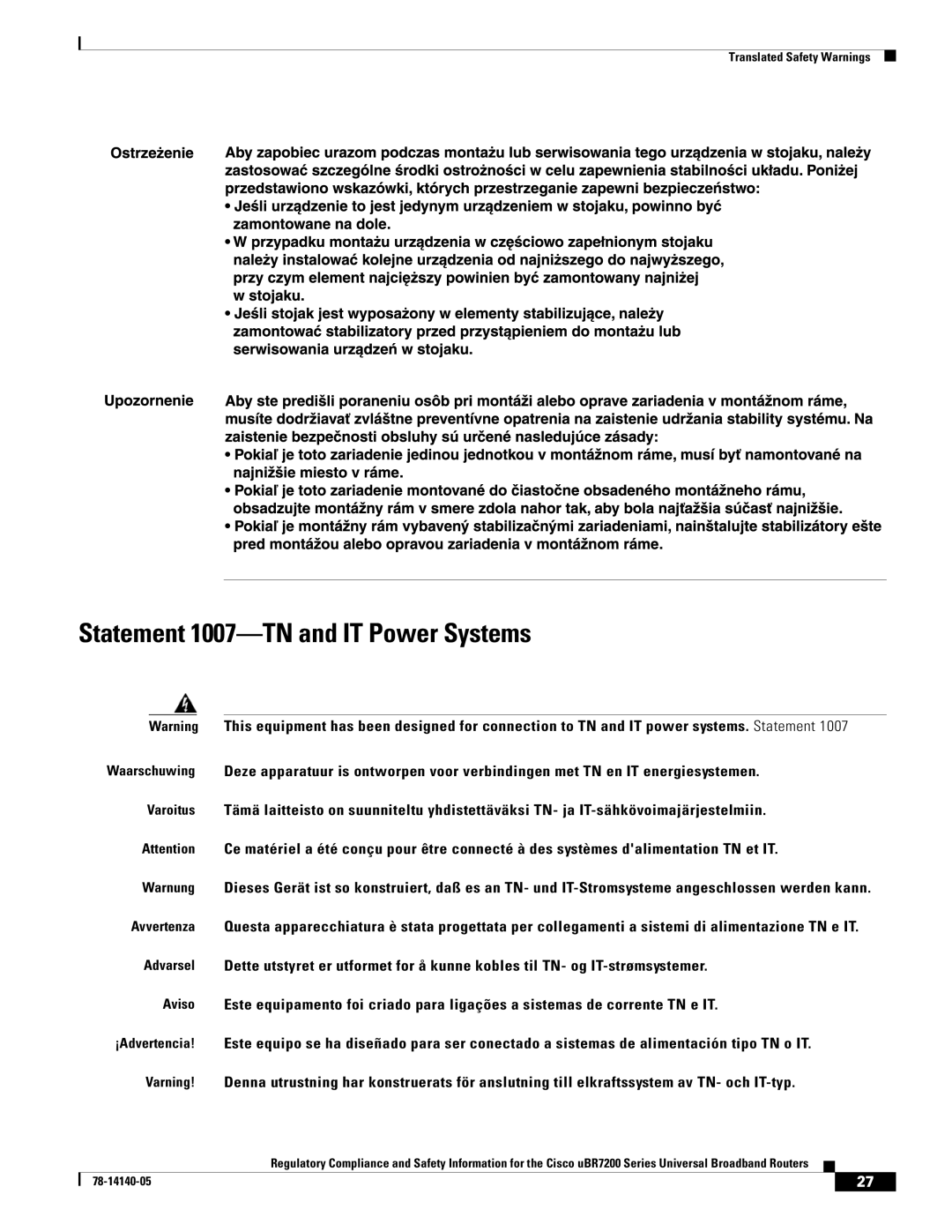 Cisco Systems uBR7200 manual Statement 1007-TN and IT Power Systems 