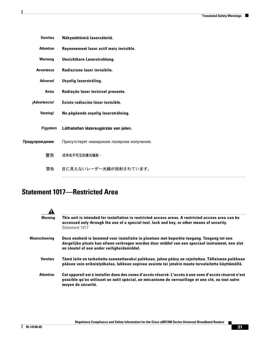 Cisco Systems uBR7200 manual Statement 1017-Restricted Area 