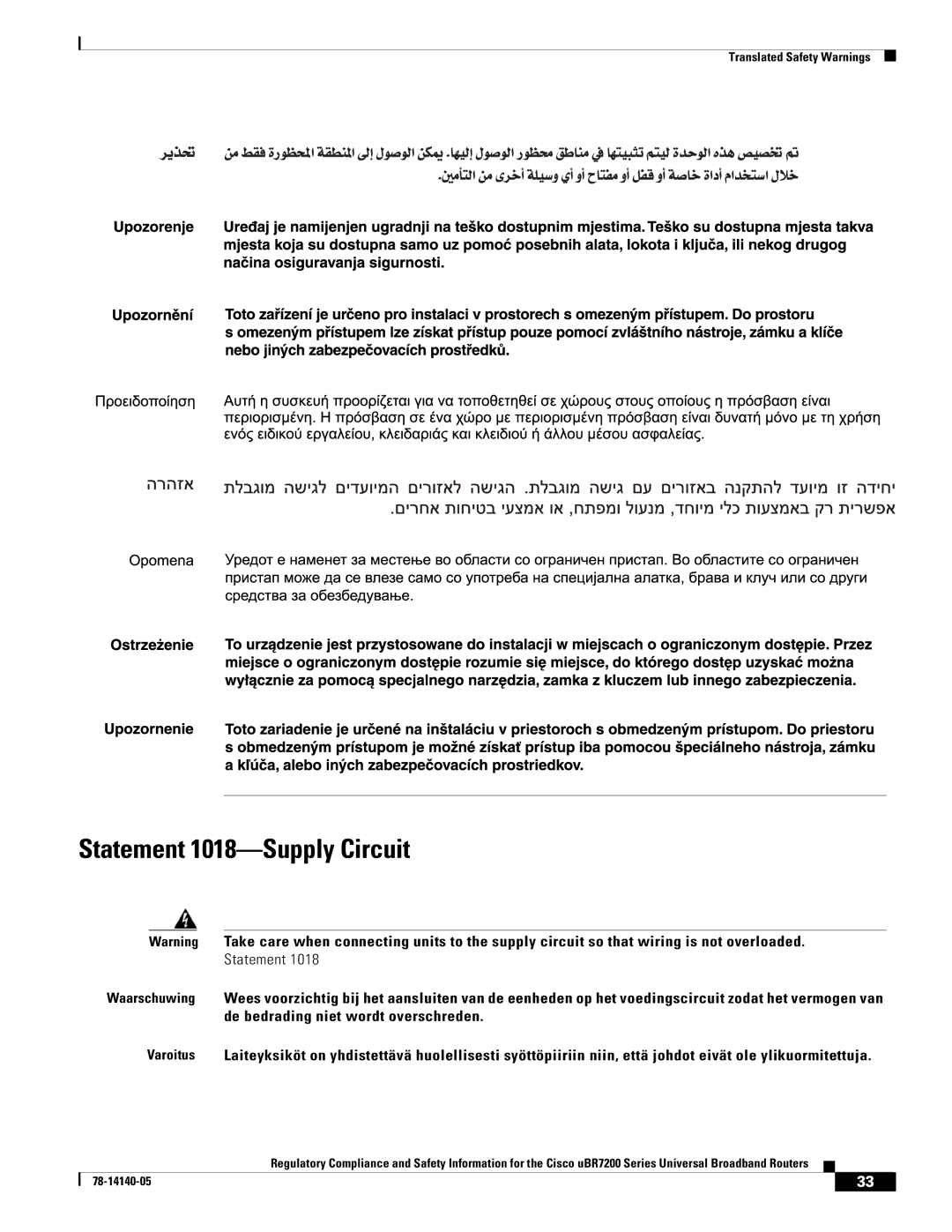 Cisco Systems uBR7200 manual Statement 1018-Supply Circuit 