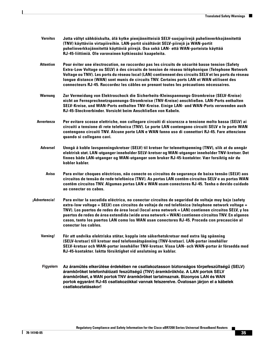 Cisco Systems uBR7200 manual Translated Safety Warnings 