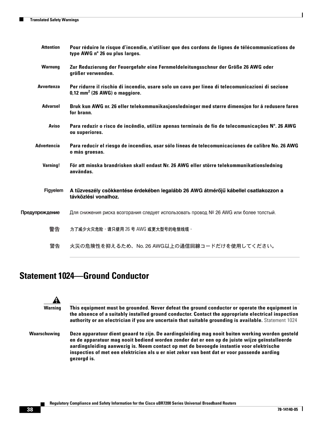 Cisco Systems uBR7200 manual Statement 1024-Ground Conductor 