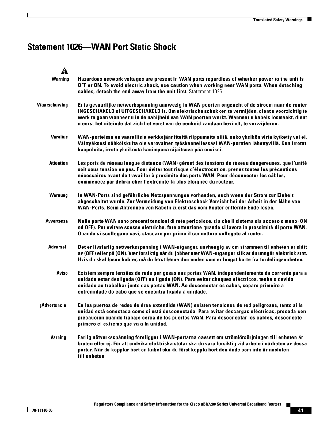 Cisco Systems uBR7200 manual Statement 1026-WAN Port Static Shock, Till enheten 