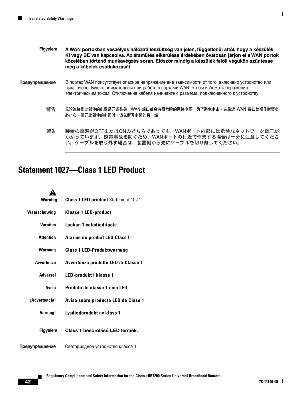 Cisco Systems uBR7200 manual Statement 1027-Class 1 LED Product 