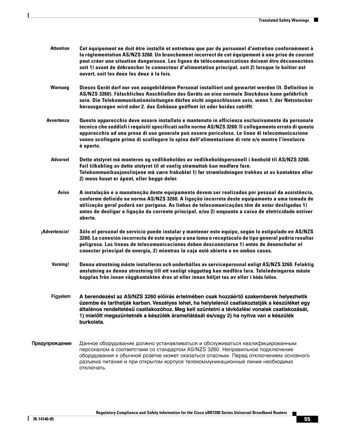 Cisco Systems uBR7200 manual Translated Safety Warnings 