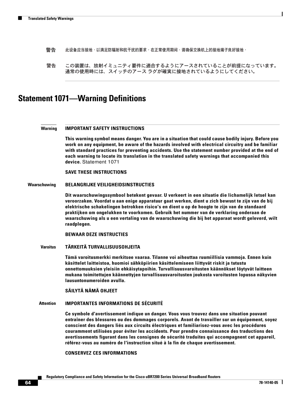 Cisco Systems uBR7200 manual Statement 1071-Warning Definitions, Bewaar Deze Instructies 